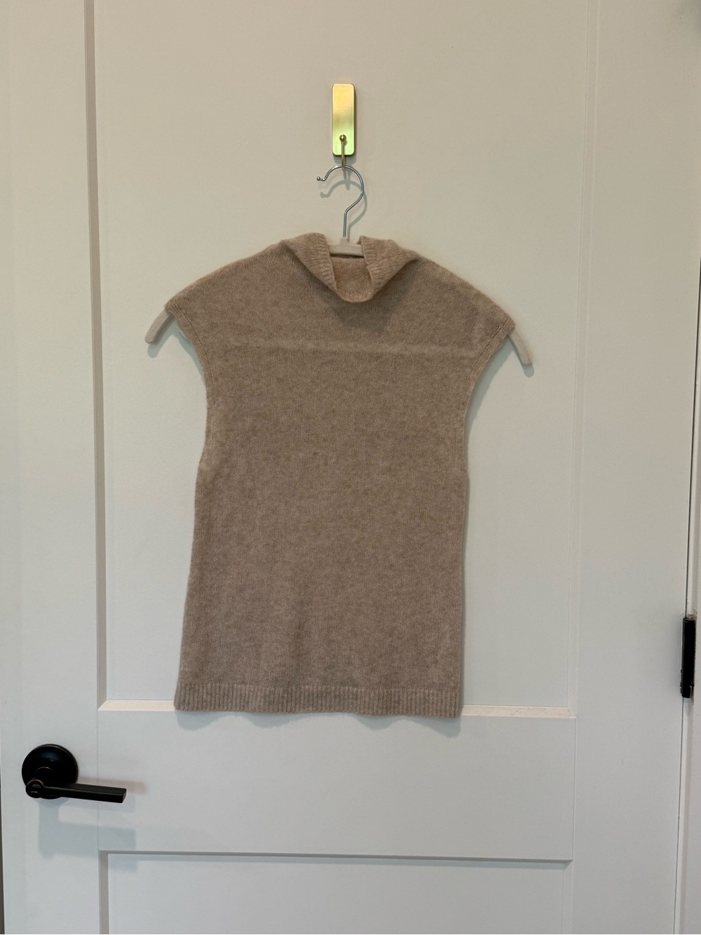 Sleeveless Mock-neck Merino Wool Blend Sweater in Taupe